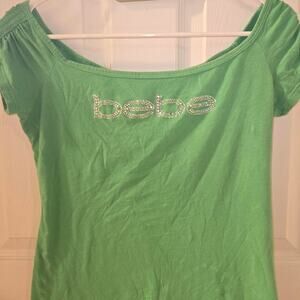 Vintage Bebe Off-the-Shoulder Green Top with Rhinestone Logo